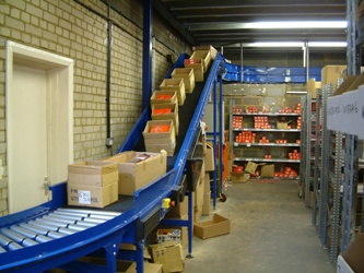 Mezzanine Conveyor moving boxes to storage area